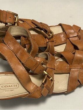 COACH Cognac Brown Leather Strappy Buckle Sandals